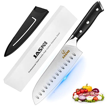 Santoku Knife, Jasni 7 inch Kitchen Knife Ultra Sharp Knife Japanese Chef Knife, German Stainless Steel Knife Chef for Cutting Chopping Meat Vegetable Fruits, with Ergonomic Handle and Gift Box